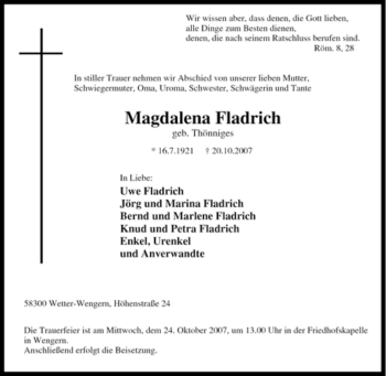 Traueranzeige von Magdalena Fladrich von Tageszeitung