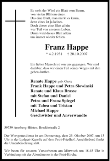 Traueranzeige von Franz Happe von Tageszeitung