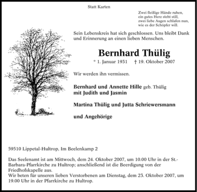  Traueranzeige für Bernhard Thülig vom 22.10.2007 aus Tageszeitung