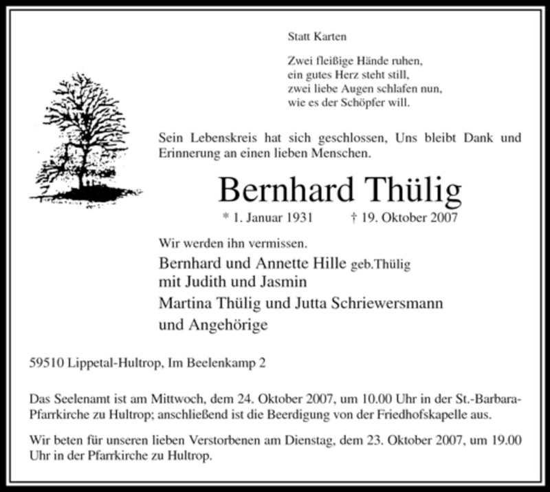  Traueranzeige für Bernhard Thülig vom 22.10.2007 aus Tageszeitung