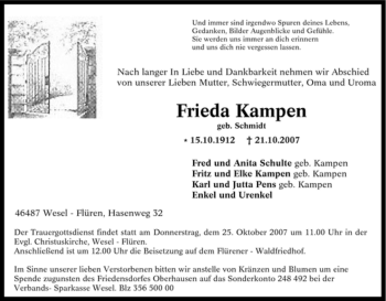 Traueranzeige von Frieda Kampen von Tageszeitung