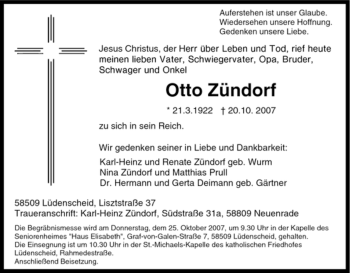 Traueranzeige von Otto Zündorf von Tageszeitung