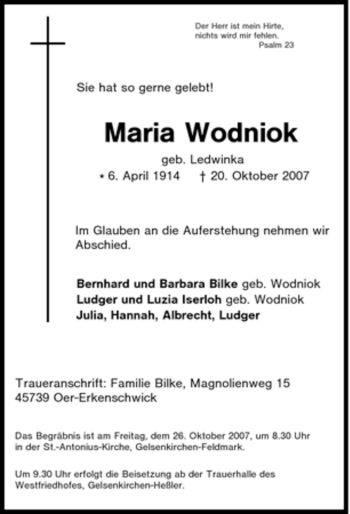 Traueranzeige von Maria Wodniok von Tageszeitung
