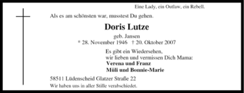 Traueranzeige von Doris Lutze von Tageszeitung
