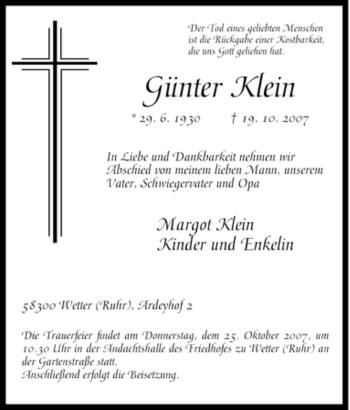 Traueranzeige von Günter Klein von Tageszeitung