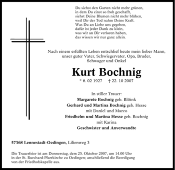 Traueranzeige von Kurt Bochnig von Tageszeitung