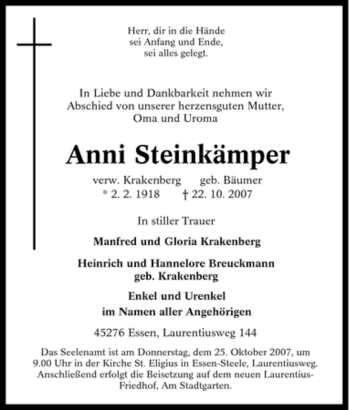 Traueranzeige von Anni Steinkämper von Tageszeitung