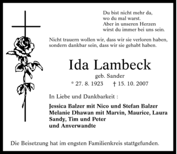 Traueranzeige von Ida Lambeck von Tageszeitung