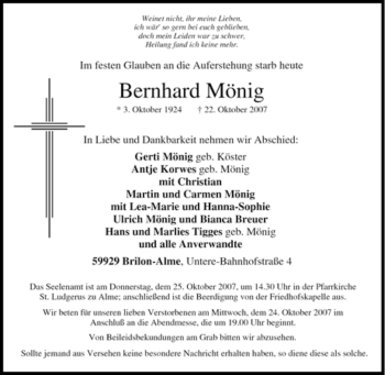 Traueranzeige von Bernhard Mönig von Tageszeitung