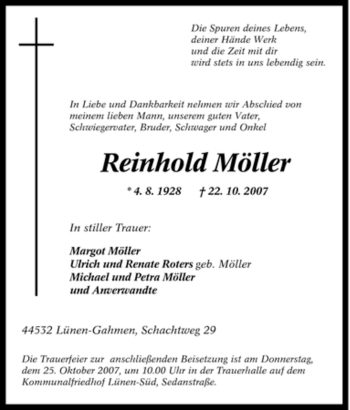 Traueranzeige von Reinhold Möller von Tageszeitung