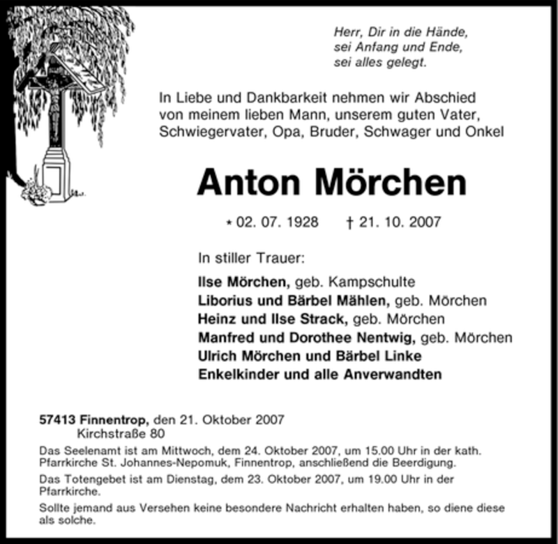  Traueranzeige für Anton Mörchen vom 23.10.2007 aus Tageszeitung