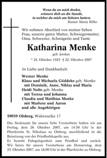 Traueranzeige von Katharina Menke von Tageszeitung