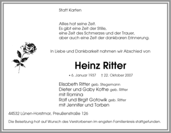 Traueranzeige von Heinz Ritter von Tageszeitung