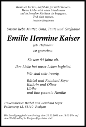 Traueranzeige von Emilie Hermine Kaiser von Tageszeitung