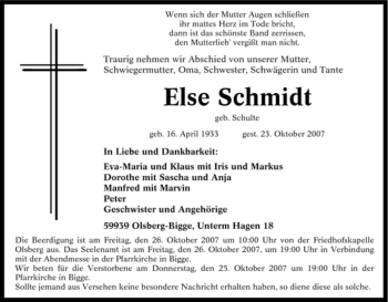 Traueranzeige von Else Schmidt von Tageszeitung