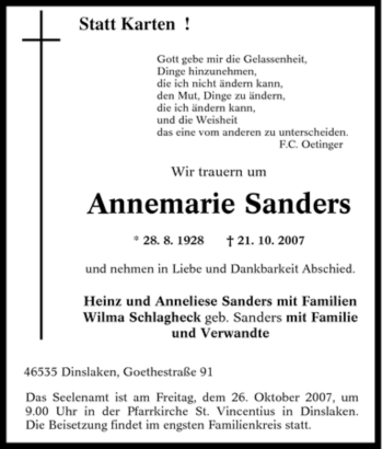 Traueranzeige von Annemarie Sanders von Tageszeitung