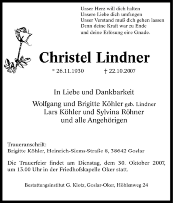 Traueranzeige von Christel Lindner von Tageszeitung