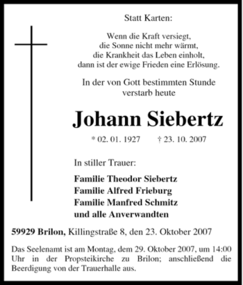 Traueranzeige von Johann Siebertz von Tageszeitung