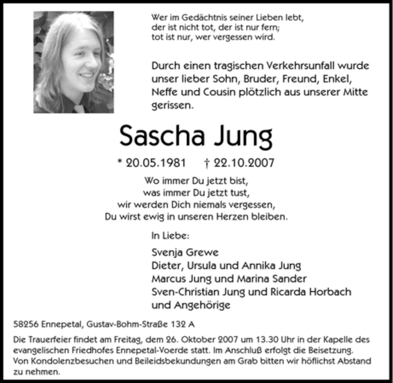  Traueranzeige für Sascha Jung vom 25.10.2007 aus Tageszeitung