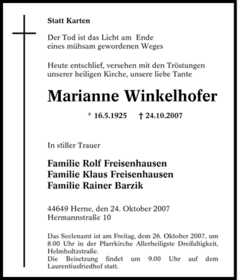 Traueranzeigen von Marianne Winkelhofer TrauerinNRW.de