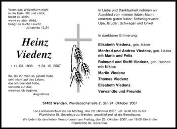 Traueranzeige von Heinz Viedenz von Tageszeitung