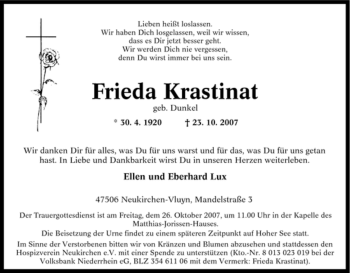 Traueranzeige von Frieda Krastinat von Tageszeitung