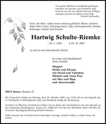 Traueranzeige von Hartwig Schulte-Riemke von Tageszeitung