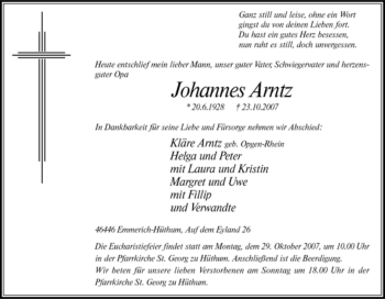 Traueranzeige von Johannes Arntz von Tageszeitung