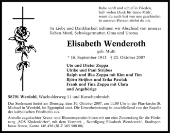 Traueranzeige von Elisabeth Wenderoth von Tageszeitung