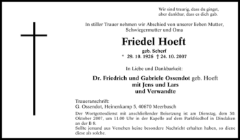 Traueranzeige von Friedel Hoeft von Tageszeitung