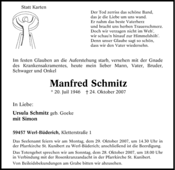 Traueranzeige von Manfred Schmitz von Tageszeitung