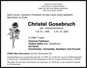 Traueranzeige von Christel Gosebruch von Tageszeitung