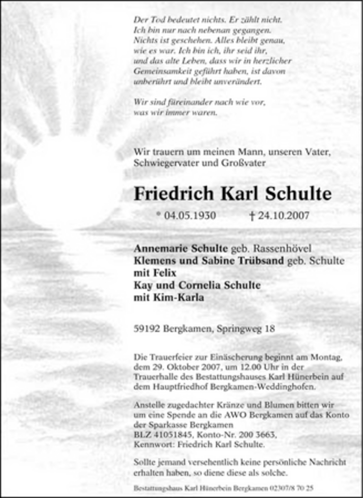  Traueranzeige für Friedrich Karl Schulte vom 26.10.2007 aus Tageszeitung
