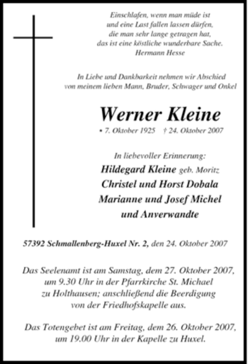 Traueranzeige von Werner Kleine von Tageszeitung