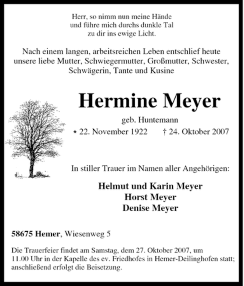  Traueranzeige für Hermine Meyer vom 26.10.2007 aus Tageszeitung