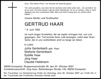 Traueranzeige von Gertrud Haar von Tageszeitung