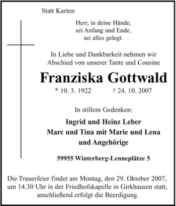 Traueranzeige von Franziska Gottwald von Tageszeitung