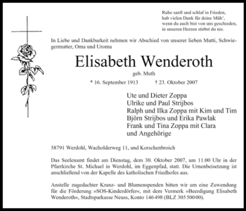 Traueranzeige von Elisabeth Wenderoth von Tageszeitung