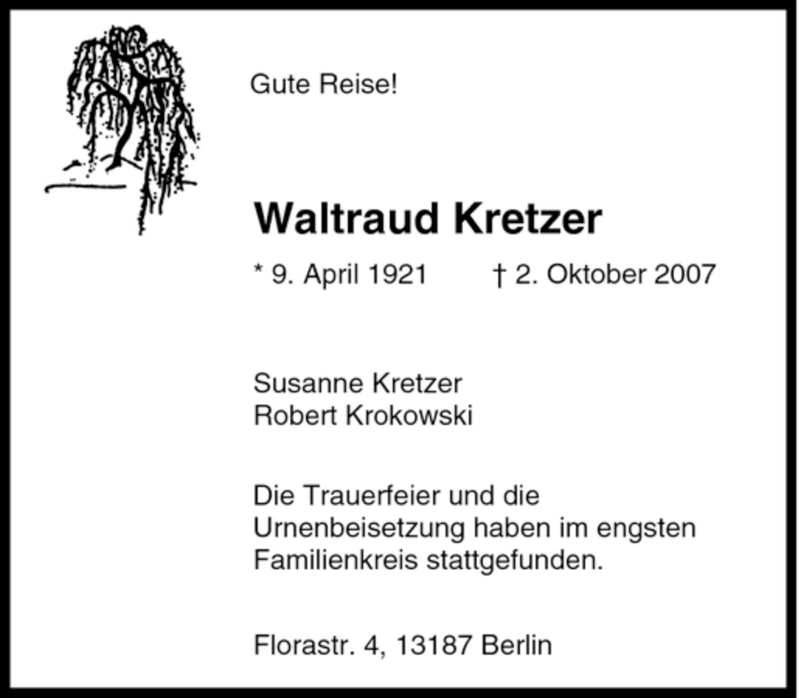  Traueranzeige für Waltraud Kretzer vom 27.10.2007 aus Tageszeitung