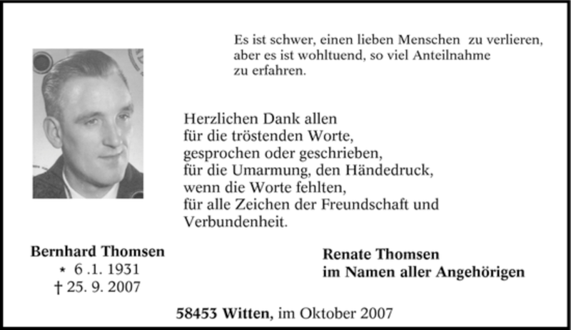 Traueranzeigen Von Bernhard Thomsen | Trauer-in-NRW.de