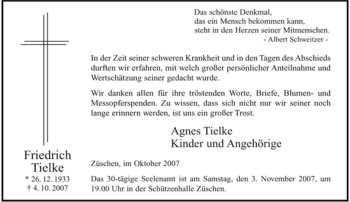 Traueranzeige von Friedrich Tielke von Tageszeitung