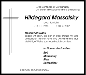 Traueranzeige von Hildegard Massalsky von Tageszeitung