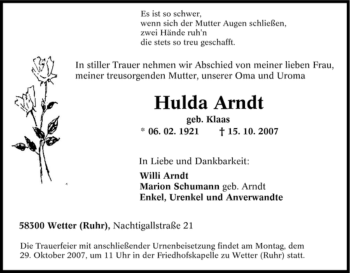 Traueranzeige von Hulda Arndt von Tageszeitung
