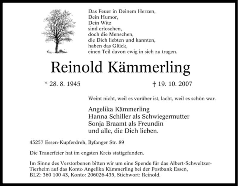  Traueranzeige für Reinold Kämmerling vom 27.10.2007 aus Tageszeitung