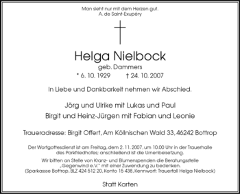Traueranzeige von Helga Nielbock von Tageszeitung