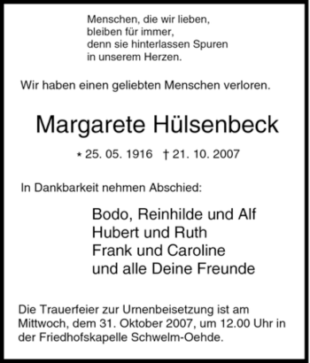 Traueranzeige von Margarete Hülsenbeck von Tageszeitung