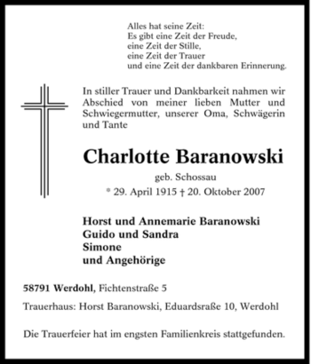Traueranzeige von Charlotte Baranowski von Tageszeitung