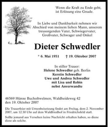 Traueranzeige von Dieter Schwedler von Tageszeitung