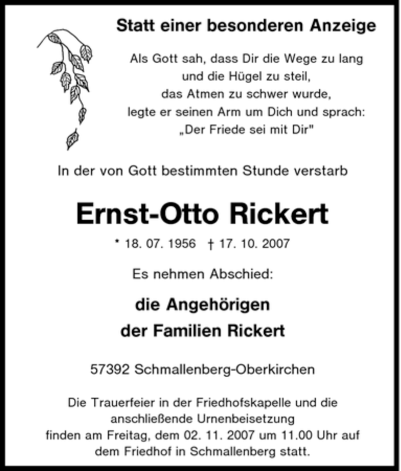  Traueranzeige für Ernst-Otto Rickert vom 27.10.2007 aus Tageszeitung