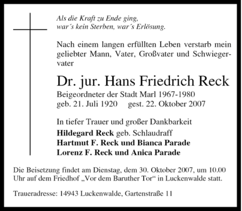  Traueranzeige für Hans Friedrich Reck vom 27.10.2007 aus Tageszeitung